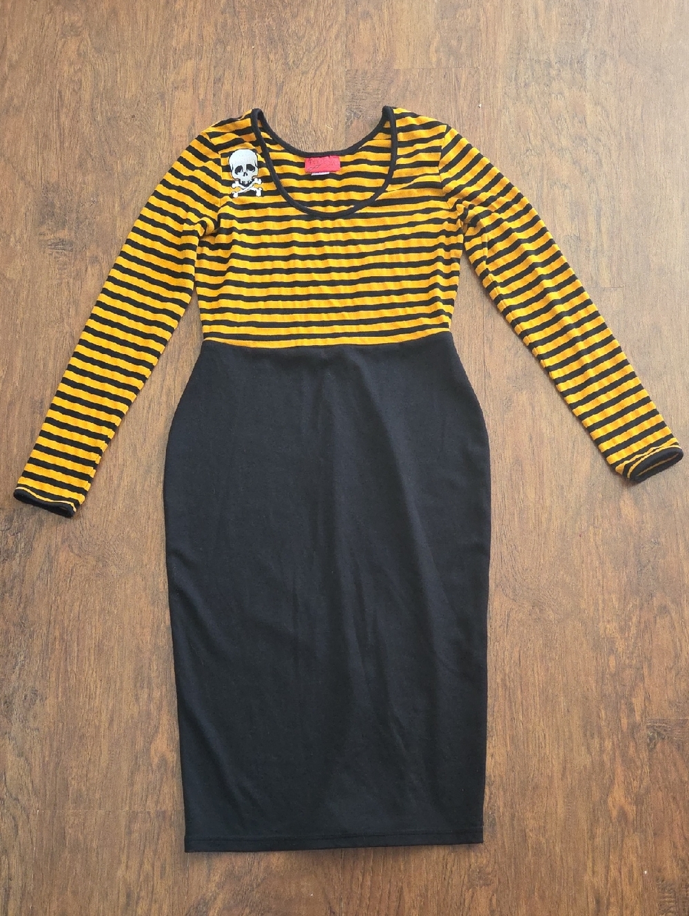 Black & Yellow Striped Long Sleeve Pencil Dress